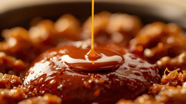 Caramel sauce pouring over warm sticky toffee pudding with glossy drizzle, rich texture and crunchy