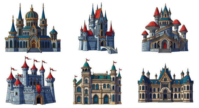 Collection of Fantasy Medieval Castle Illustrations with Towers and Flags.
