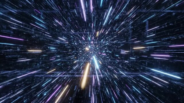 Interstellar Velocity: A captivating visual voyage through a futuristic cosmos, displaying a dynamic array of vibrant, radiant streaks against a darkened background, symbolizing acceleration.