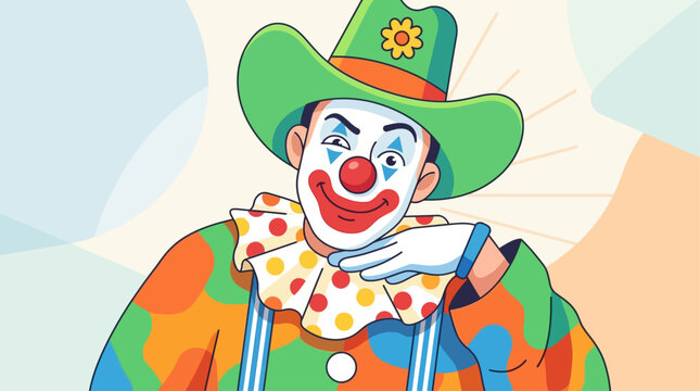A playful flat design illustration of a rodeo clown, capturing their iconic look and humorous spirit at the Calgary Stampede.
