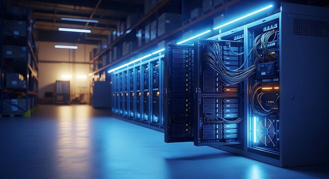 Modern data center with glowing blue server racks and network cables in a dimly lit warehouse environment representing technology and digital infrastructure