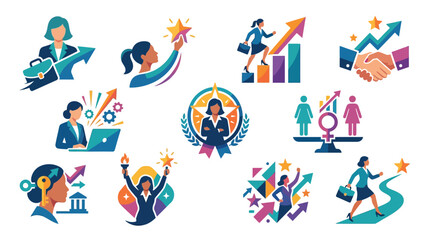 Fototapeta premium Collection of illustrations depicting women in business, career growth, leadership, and success.