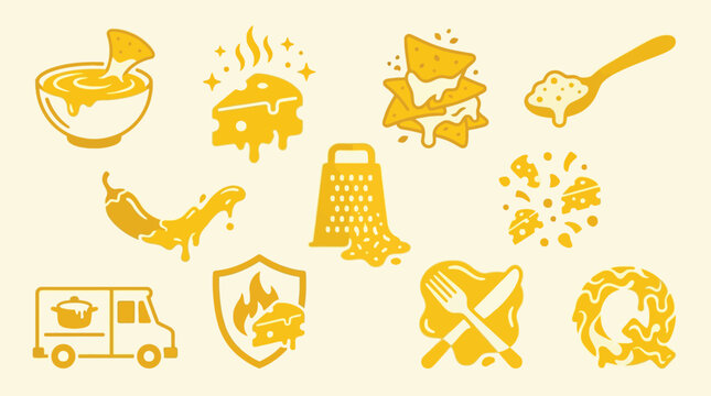 A vibrant collection of yellow icons depicting various cheese-related themes, including nachos, melted cheese, a grater, and a food truck.