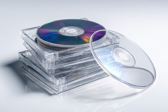 Stack of c ds in clear cases on white background
