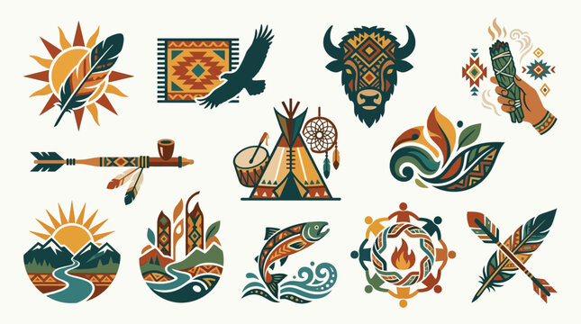 Collection of Native American-inspired illustrations featuring cultural symbols, animals, and natural elements.