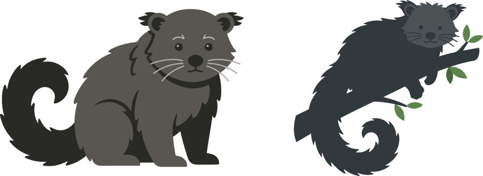 Illustration of two civet animals in different poses, one sitting and one climbing a branch, showcasing wildlife and exotic mammals.