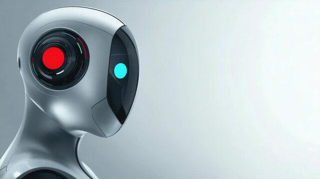 Futuristic humanoid robot portrait with glowing sensor eye, sleek metallic portrait of calm