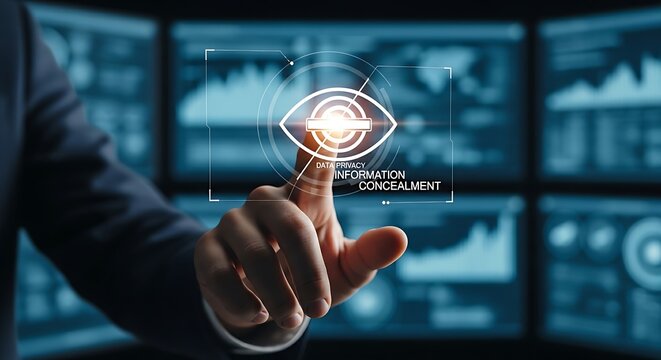 Data privacy and information hiding. A security professional's hand touches an 'eye' icon with a slash through it, symbolizing data privacy and hiding information.