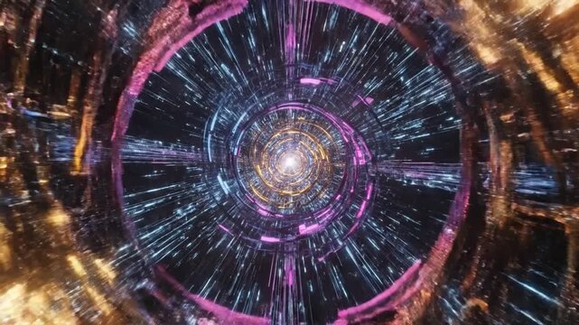 Hyperspace Tunnel: An eye-level perspective inside a neon-lit, futuristic tunnel, evoking a sense of rapid movement through space.