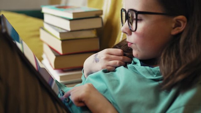 Little Girl in Glasses Using Digital Tablet on Couch with Stack of Books, Child Studying with Pad at Home, 4K 10-bit