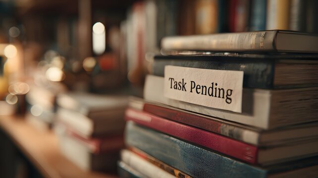 Task pending label on stacked books on wooden desk with blurred background.