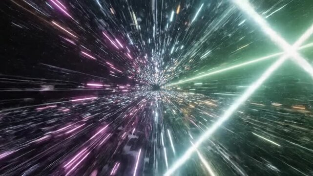 Journey Through a Colorful Universe: A dynamic and vibrant depiction of a simulated journey through space, showcasing streaks of light and captivating colors in a vast, seemingly infinite expanse.
