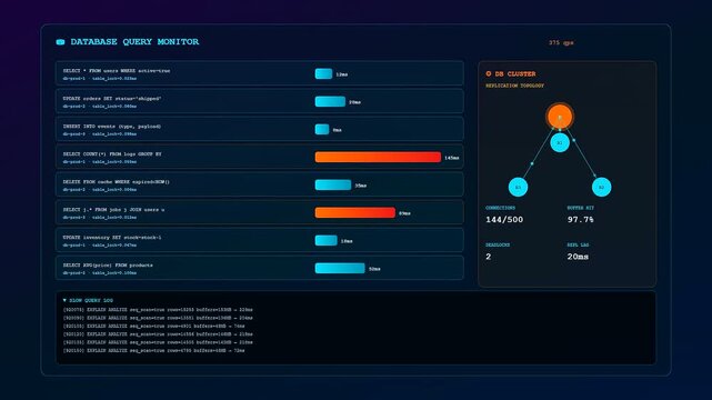 A realtime observability dashboard displaying fluctuating database query metrics and cluster topology shifts through a seamless cinematic animation for modern enterprise cloud monitoring.