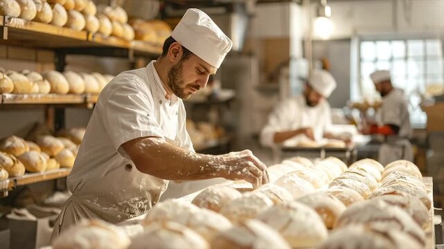 A baker in a white uniform dusts flour on loaves of bread, with other bakers in the background