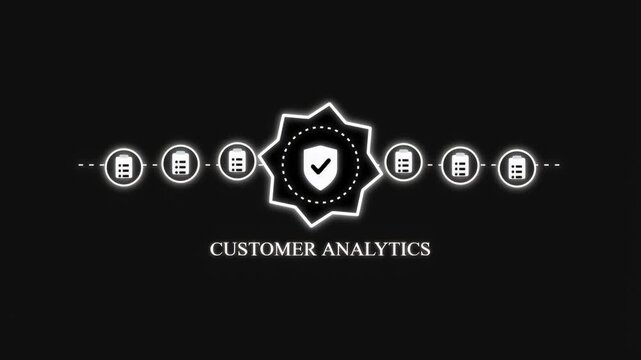 Professional motion graphic displaying customer analytics text with glowing data icons and a central verified shield symbol