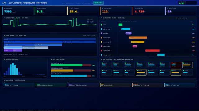 A sophisticated Realtime Observability Dashboard displays fluctuating system metrics through intricate data visualizations and dynamic network maps within a dark themed futuristic digital interface
