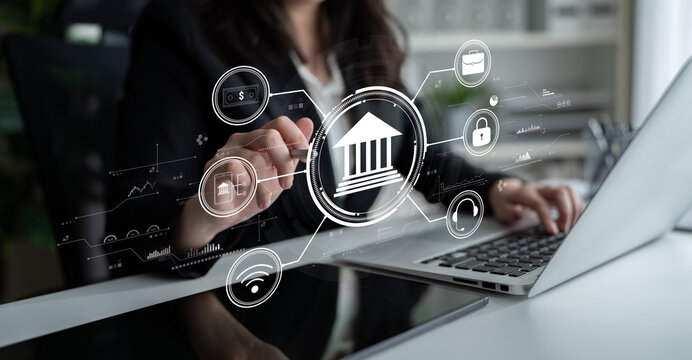 A concept of digital banking and online financial technology (FinTech) services. A central platform for secure transactions, support, and business finance. Motif