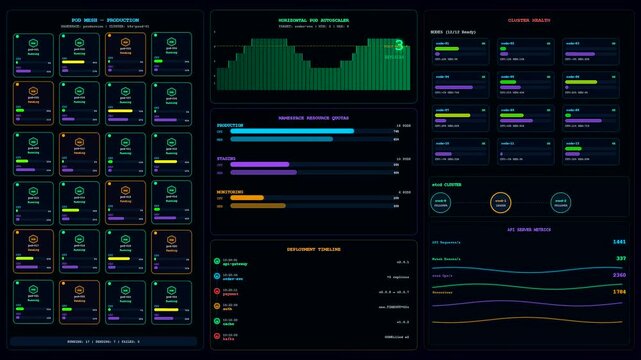 A sophisticated realtime observability dashboard displaying dynamic system metrics and network pod mesh movements through an intricate cyberpunk interface for modern cloud infrastructure monitoring.