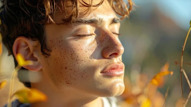 A close-up of a young person's face with freckles, lit by sunlight, partially in foliage