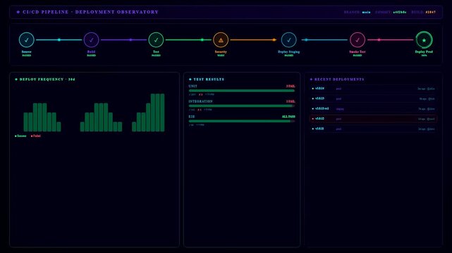 An intricate Realtime Observability Dashboard animates across a dark interface showing software deployment pipelines with neon data visualizations and complex system monitoring metrics for developers