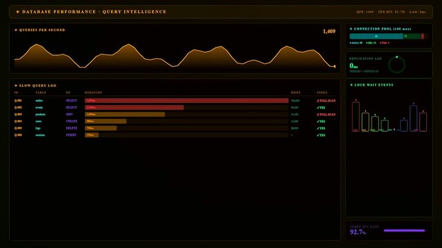 A sophisticated Realtime Observability Dashboard displaying dynamic database performance metrics through shifting graphs and evolving logs within a futuristic dark mode software interface environment