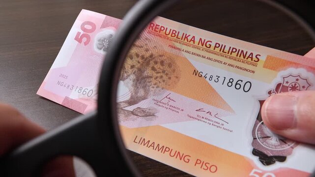 Examination of 50 Philippine peso (PHP) cash money with magnfication glass, loupe. Concept of authenticity check, fight against counterfeiting of banknotes, anti fraud measures in Philippines.
