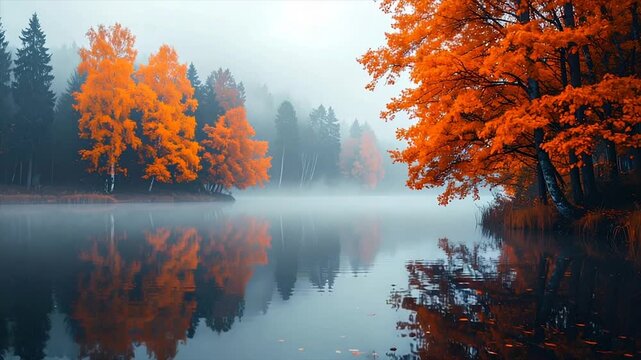 A misty lake reflects fiery orange foliage and evergreen trees. Fog hangs over the water