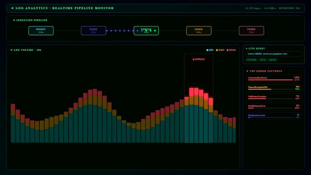 A professional Realtime Observability Dashboard displaying dynamic telemetry data streams and system anomaly detection within a futuristic dark mode cyber security operational center interface screen