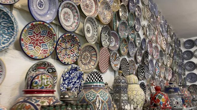 A smooth camera pan inside a traditional Moroccan pottery shop in Fez showing walls covered in colorful hand painted ceramic plates and shelves full of decorative vases and artisanal bowls