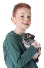 Obraz premium Child with his cute chinchilla on white background