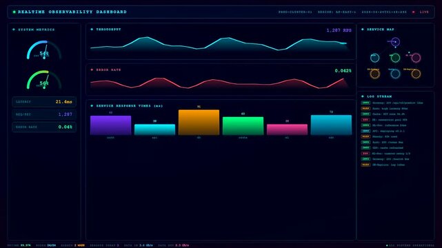 A Realtime Observability Dashboard displays fluctuating system metrics with dynamic graphs and neon indicators to monitor cloud infrastructure performance in a futuristic dark environment