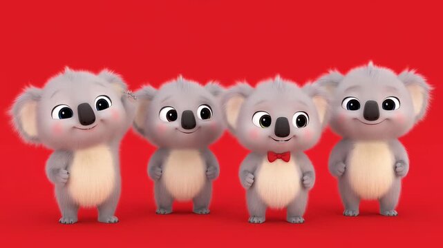 Group of Cute Cartoon Koalas Dancing on Red Background