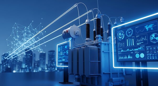 Smart grid transformer with digital data streams and city skyline representing futuristic energy infrastructure and technological advancement