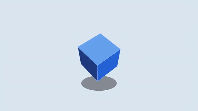 Minimalist 3D animation of a blue geometric cube spinning slowly against a clean light background