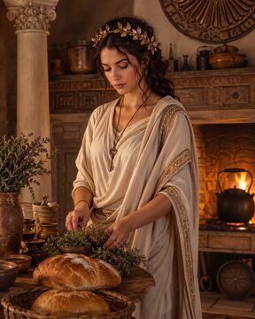 Hestia, the virgin goddess of the hearth and the home. Ancient Greek mythology. Fireplace that illuminates the room with a warm, inviting glow. Calm and dignity. Kettle, herbs, bread. Generative AI