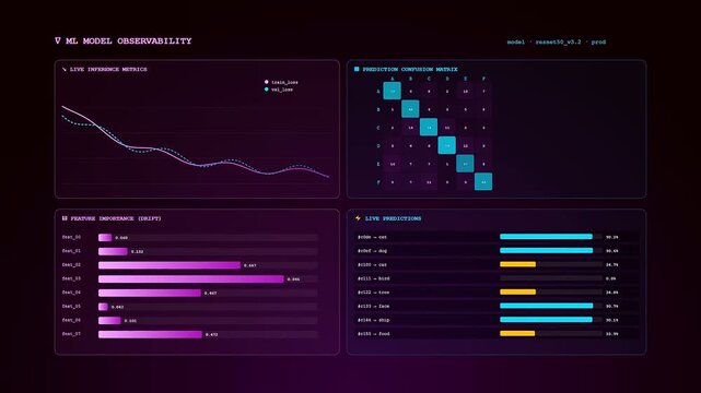 A Realtime Observability Dashboard displays evolving machine learning metrics with fluid animations highlighting data drift and predictive performance for performance artificial intelligence systems