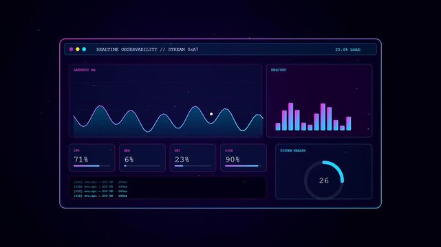A futuristic neon interface displaying a Realtime Observability Dashboard with fluctuating data streams and pulsating analytics for advanced system monitoring in a dark cyberspace environment