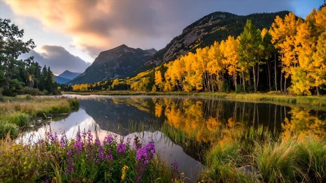 A calm lake reflects a vibrant autumn scene with golden trees and mountain