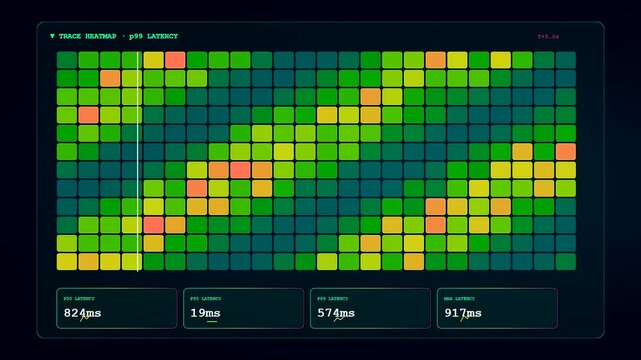 A Realtime Observability Dashboard illustrating fluctuating network latency peaks through a dynamic heatmap visualization of system performance metrics within a sophisticated software monitoring