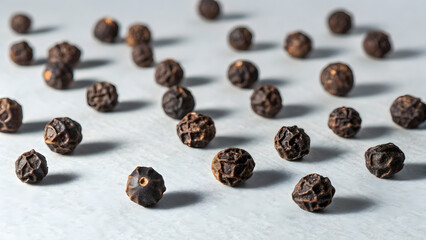 Obraz premium Isolated black peppercorns scattered on a white surface