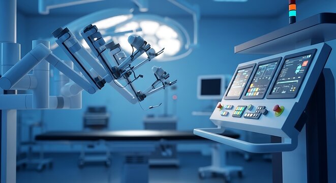 Advanced robotic surgery system console and robotic arms in a modern operating room with medical equipment and blue lighting