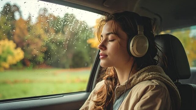 A woman in a car with closed eyes wearing headphones on a rainy day, serene