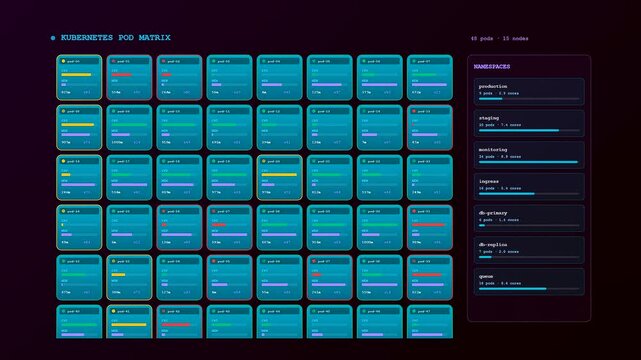 A sophisticated Realtime Observability Dashboard animating the rapid deployment of containerized application pods across a distributed cloud infrastructure for seamless system monitoring and scaling