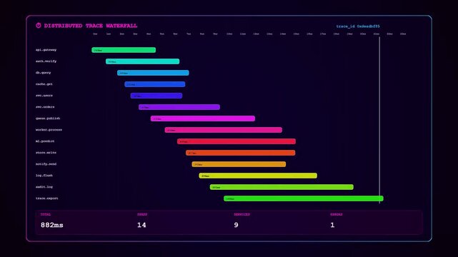 A futuristic Realtime Observability Dashboard dynamically updating multicolored data spans and latency metrics to visualize complex software architecture performance in a dark neon interface