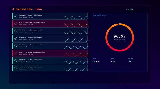 A Realtime Observability Dashboard evolves seamlessly through various critical system states depicting fluctuating performance metrics and incident resolutions within a high contrast dark interface