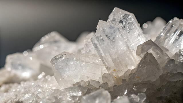 Macro photograph of clear salt crystals with sharp edges