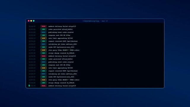 A sequence of a Realtime Observability Dashboard scrolling through systemic logs to detect critical errors and optimize backend server infrastructure performance for enterprise software teams