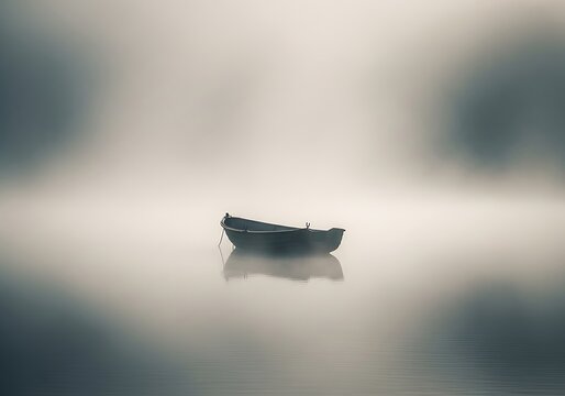A solitary wooden rowboat drifts peacefully on a tranquil, misty lake during the ethereal dawn, creating a serene and contemplative atmosphere with reflections shimmering on the calm water