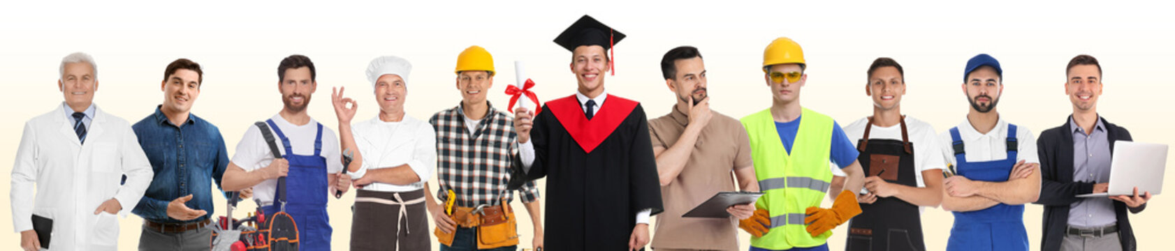 Career choice. Graduate student and men of various professions on color gradient background