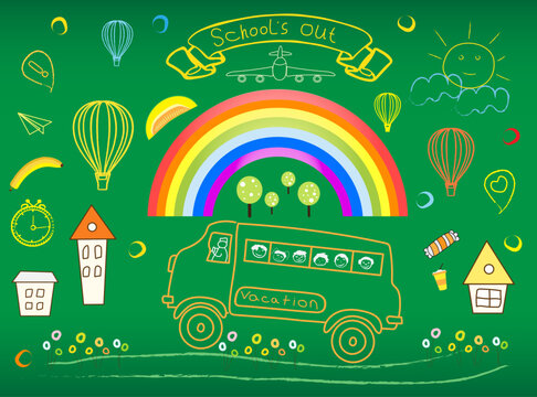 School cartoon doodles with children vacation and recreation supply